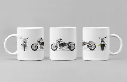 Personalised Harley Davidson Fat Boy Gray Ghost Motorcycle Mug with custom number plate, white ceramic 11oz gift.