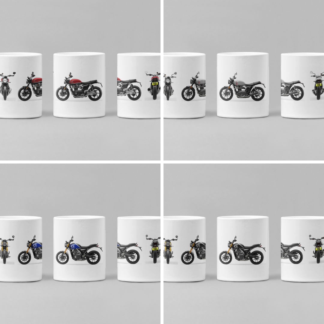 Personalised Triumph Speed Motorcycle Mug with custom number plate, white ceramic 11oz gift.