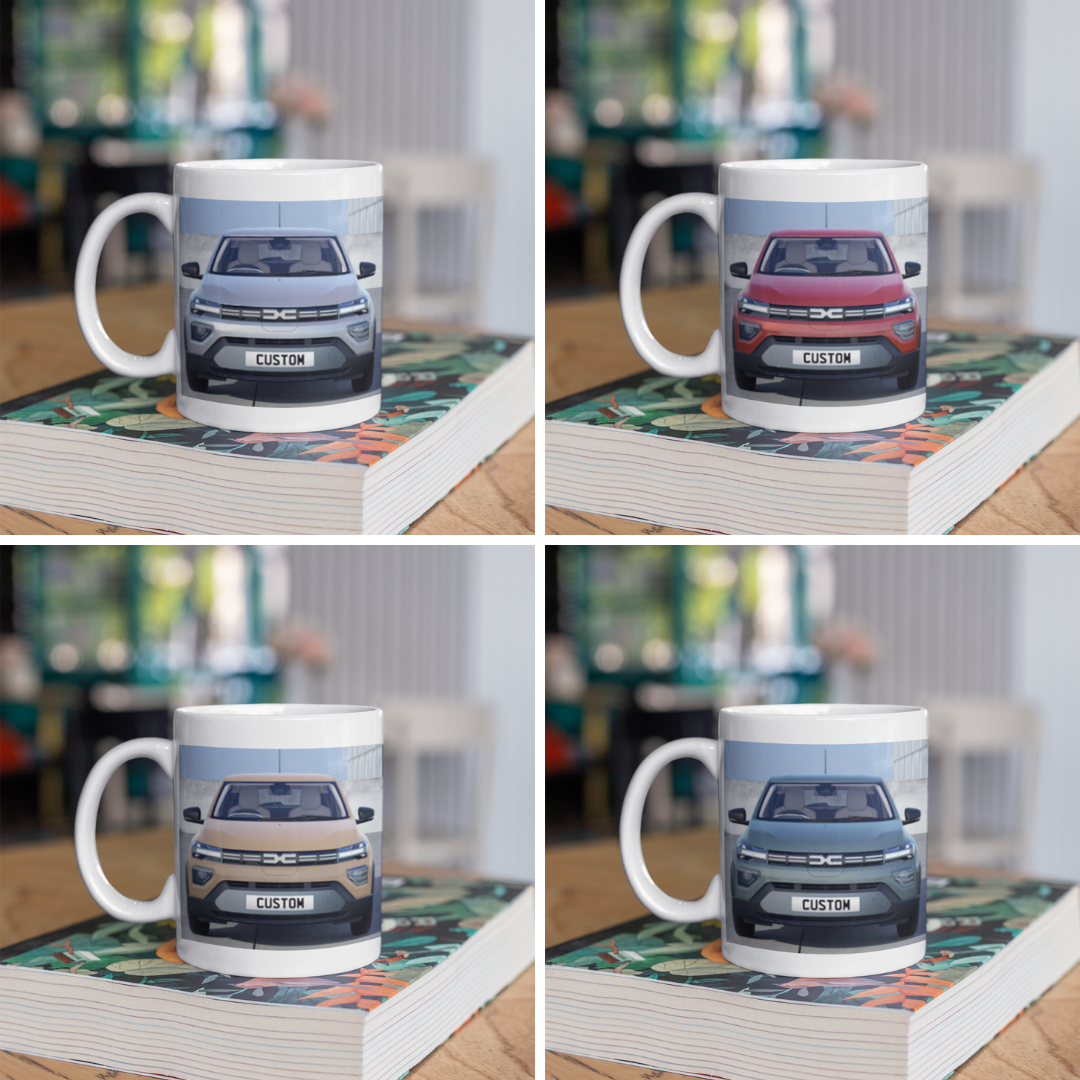 Personalised Dacia Spring Expression Mug with custom number plate, white ceramic 11oz gift.