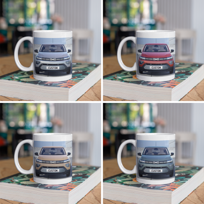 Personalised Dacia Spring Expression Mug with custom number plate, white ceramic 11oz gift.