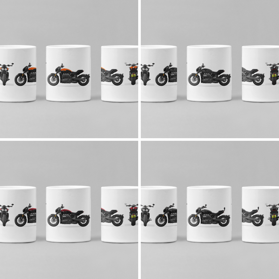 Personalised Triumph Rocket 3 Motorcycle Mug with custom number plate, white ceramic 11oz gift.