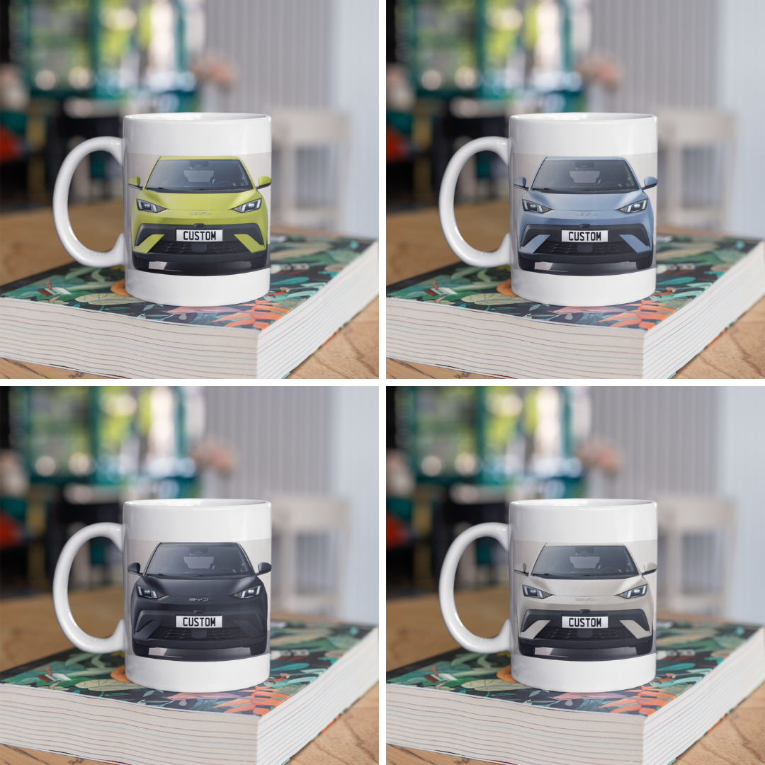 Personalised BYD Dolphin Surf Mug with custom number plate, white ceramic 11oz gift.
