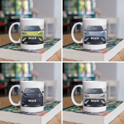 Personalised BYD Dolphin Surf Mug with custom number plate, white ceramic 11oz gift.