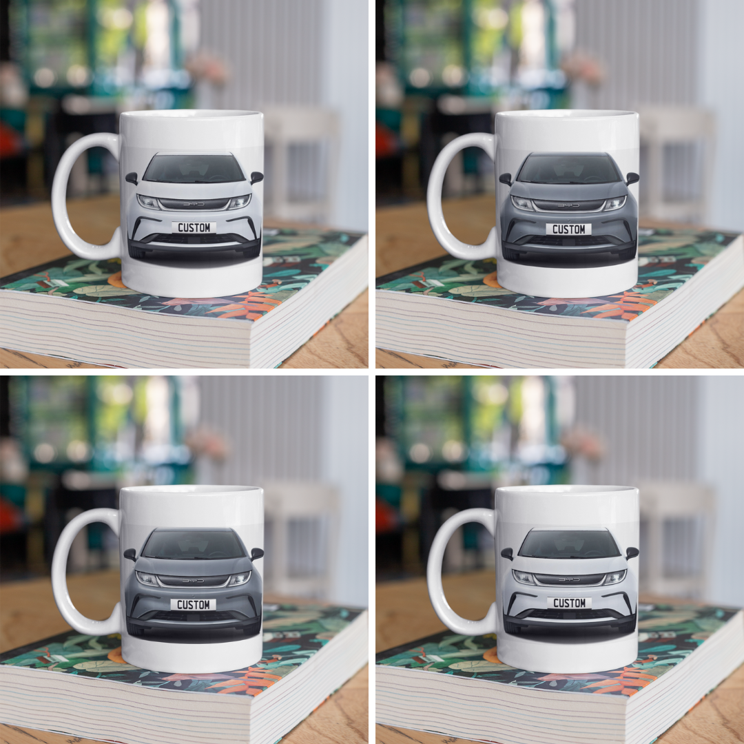 Personalised BYD Dolphin Mug with custom number plate, white ceramic 11oz gift.