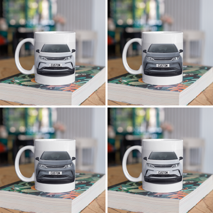 Personalised BYD Dolphin Mug with custom number plate, white ceramic 11oz gift.