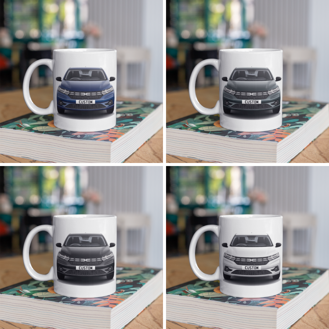 Personalised Dacia Sandero Journey Mug with custom number plate, white ceramic 11oz gift.