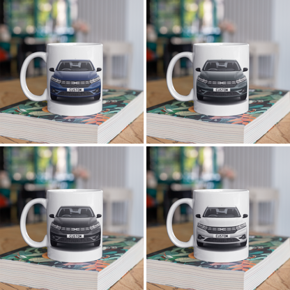 Personalised Dacia Sandero Journey Mug with custom number plate, white ceramic 11oz gift.