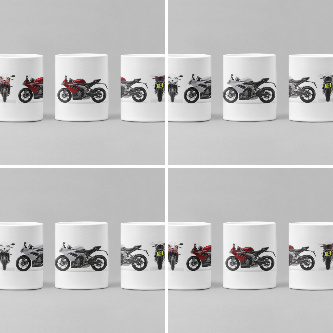 Personalised Triumph Daytona 660 Motorcycle Mug with custom number plate, white ceramic 11oz gift.