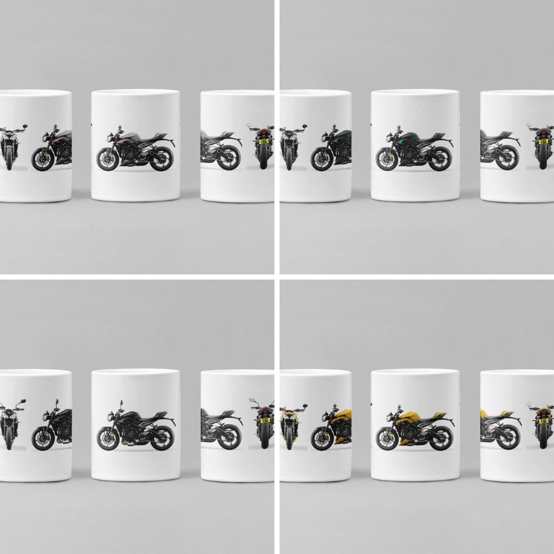 Personalised Triumph Street Triple Motorcycle Mug with custom number plate, white ceramic 11oz gift.