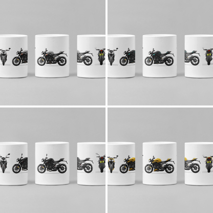 Personalised Triumph Street Triple Motorcycle Mug with custom number plate, white ceramic 11oz gift.