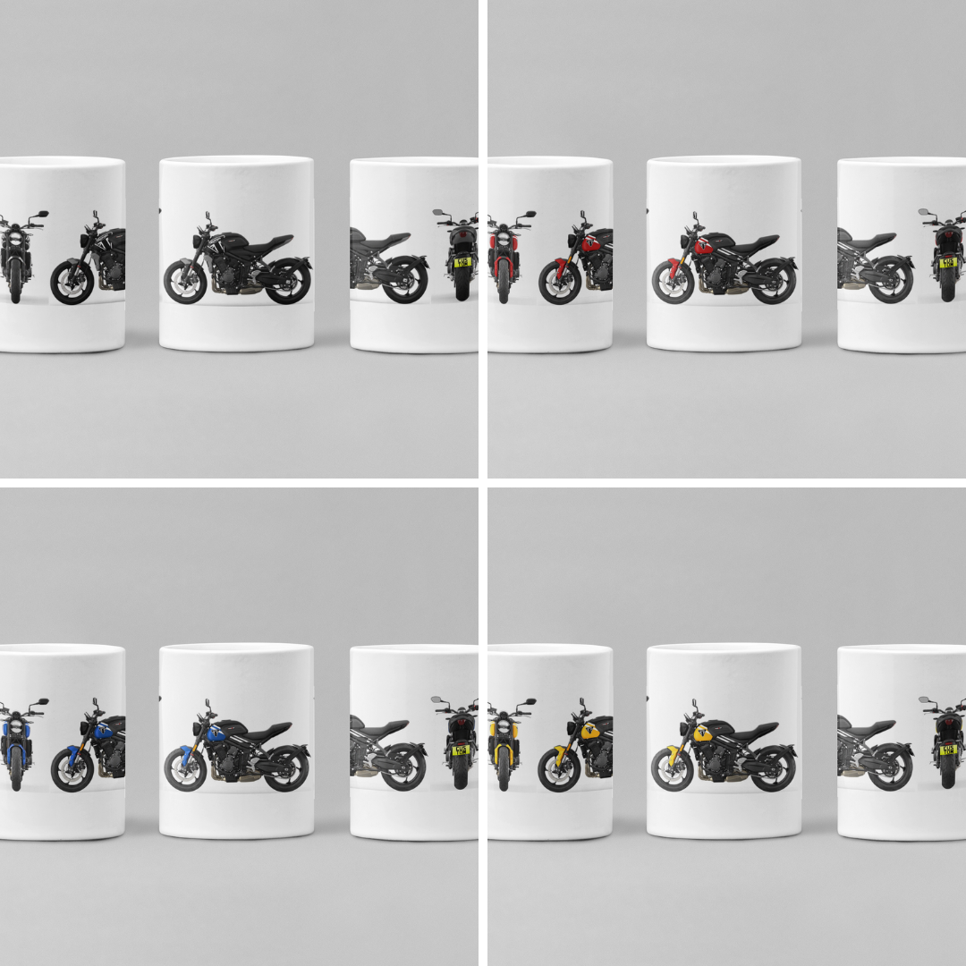 Personalised Triumph Trident Motorcycle Mug with custom number plate, white ceramic 11oz gift.