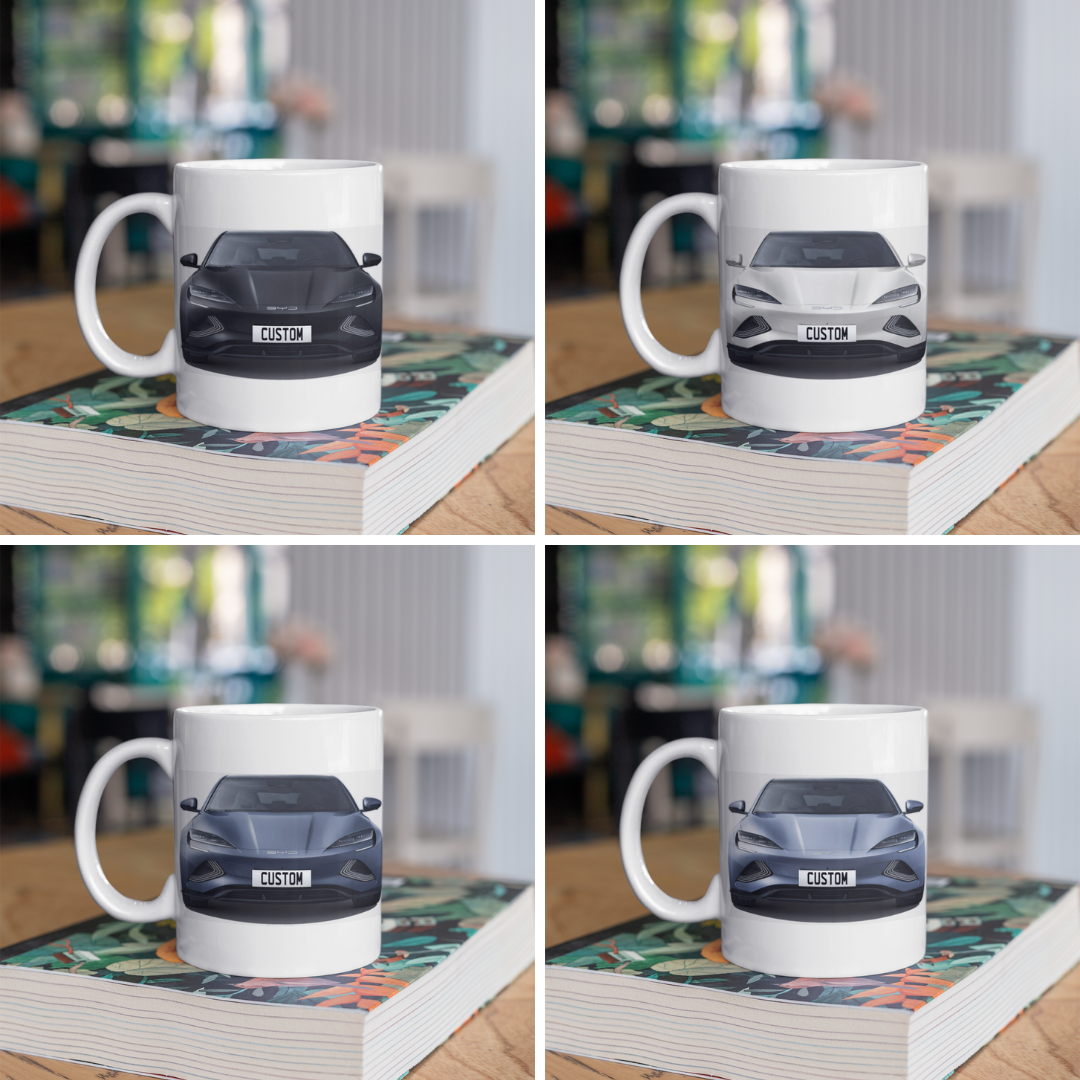 Personalised BYD Seal Mug with custom number plate, white ceramic 11oz gift.