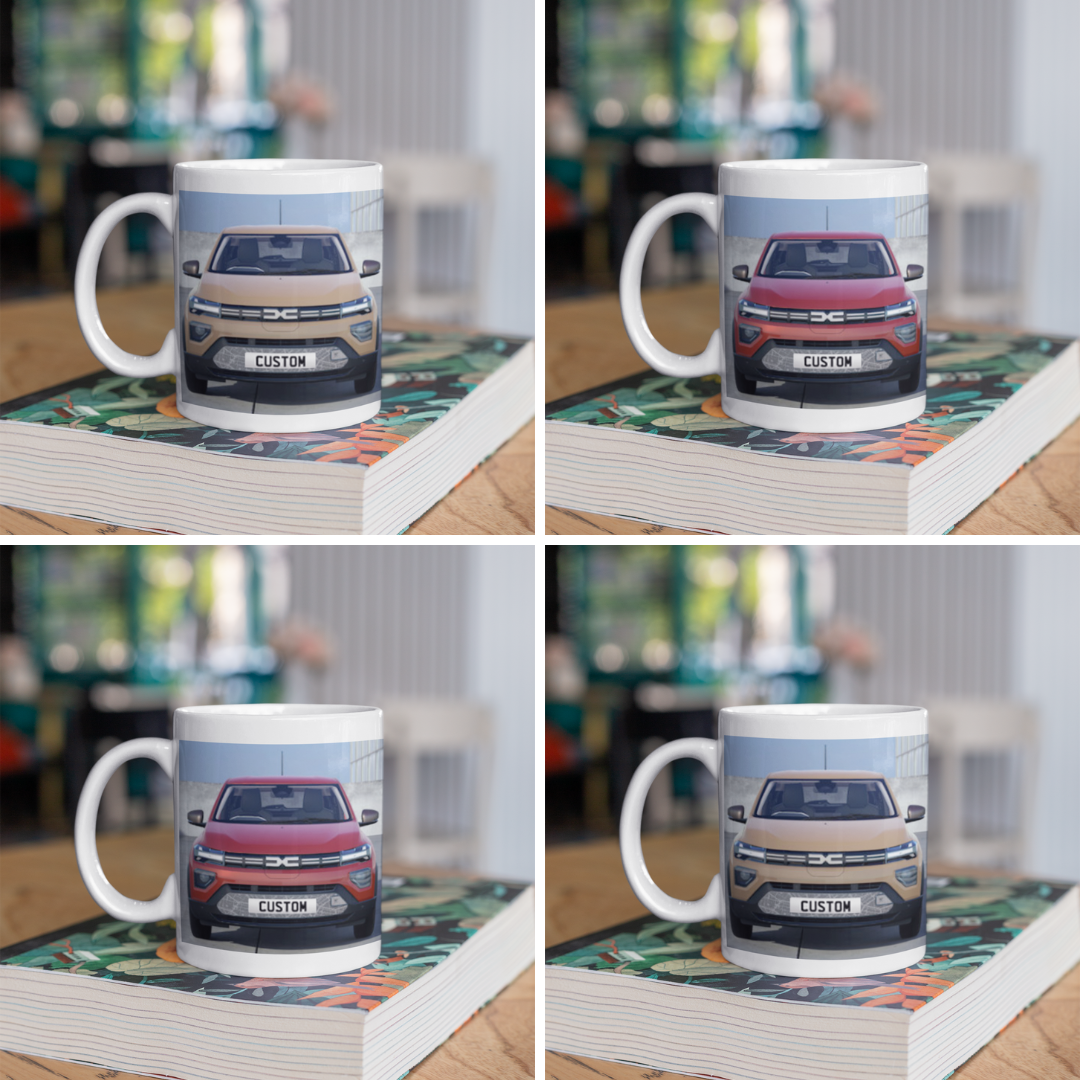 Personalised Dacia Spring Extreme Mug with custom number plate, white ceramic 11oz gift.