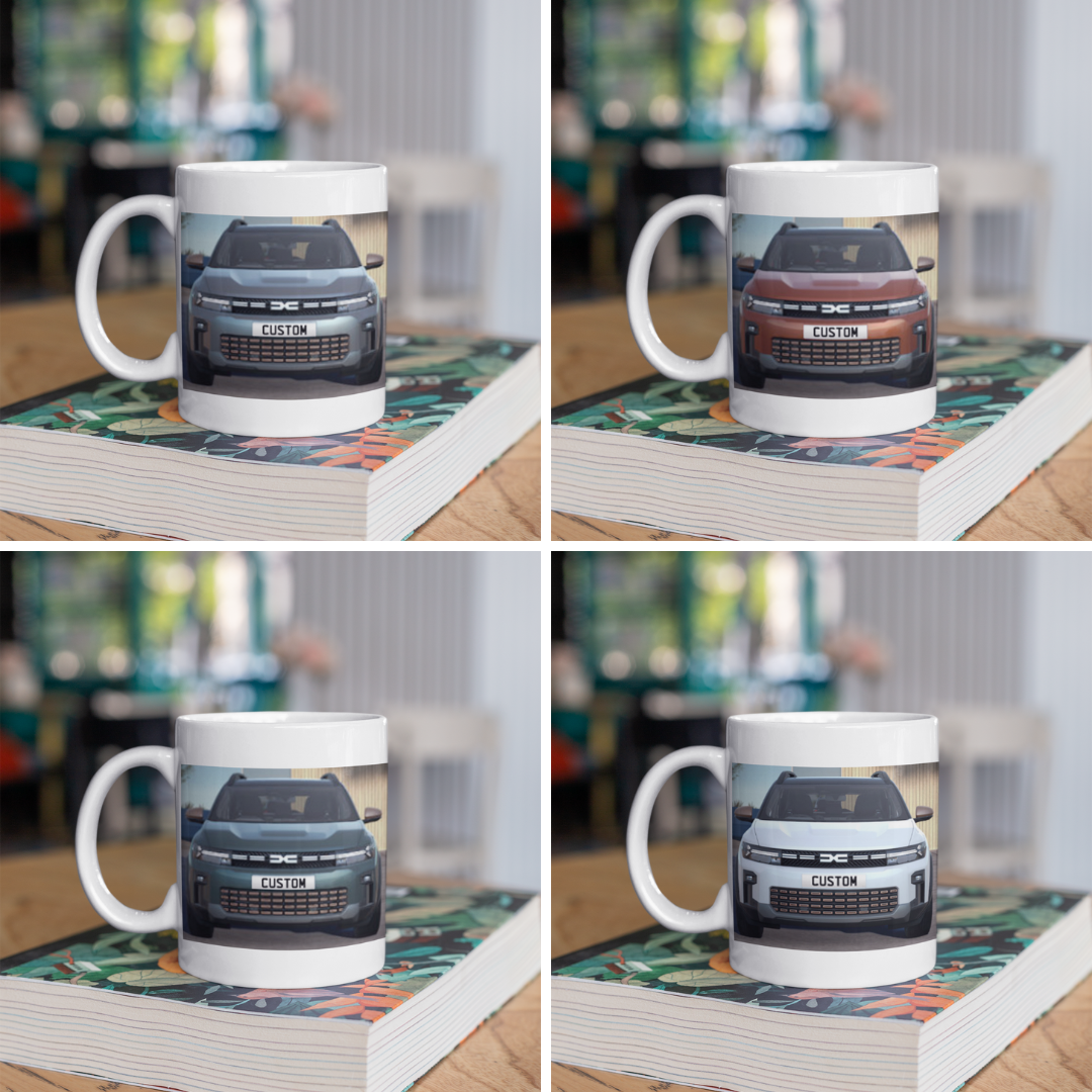 Personalised Dacia Duster Bigster Extreme Mug with custom number plate, white ceramic 11oz gift.