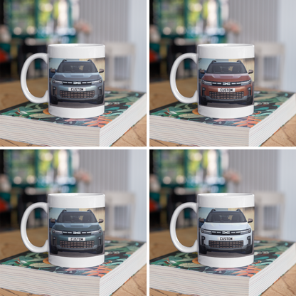 Personalised Dacia Duster Bigster Extreme Mug with custom number plate, white ceramic 11oz gift.