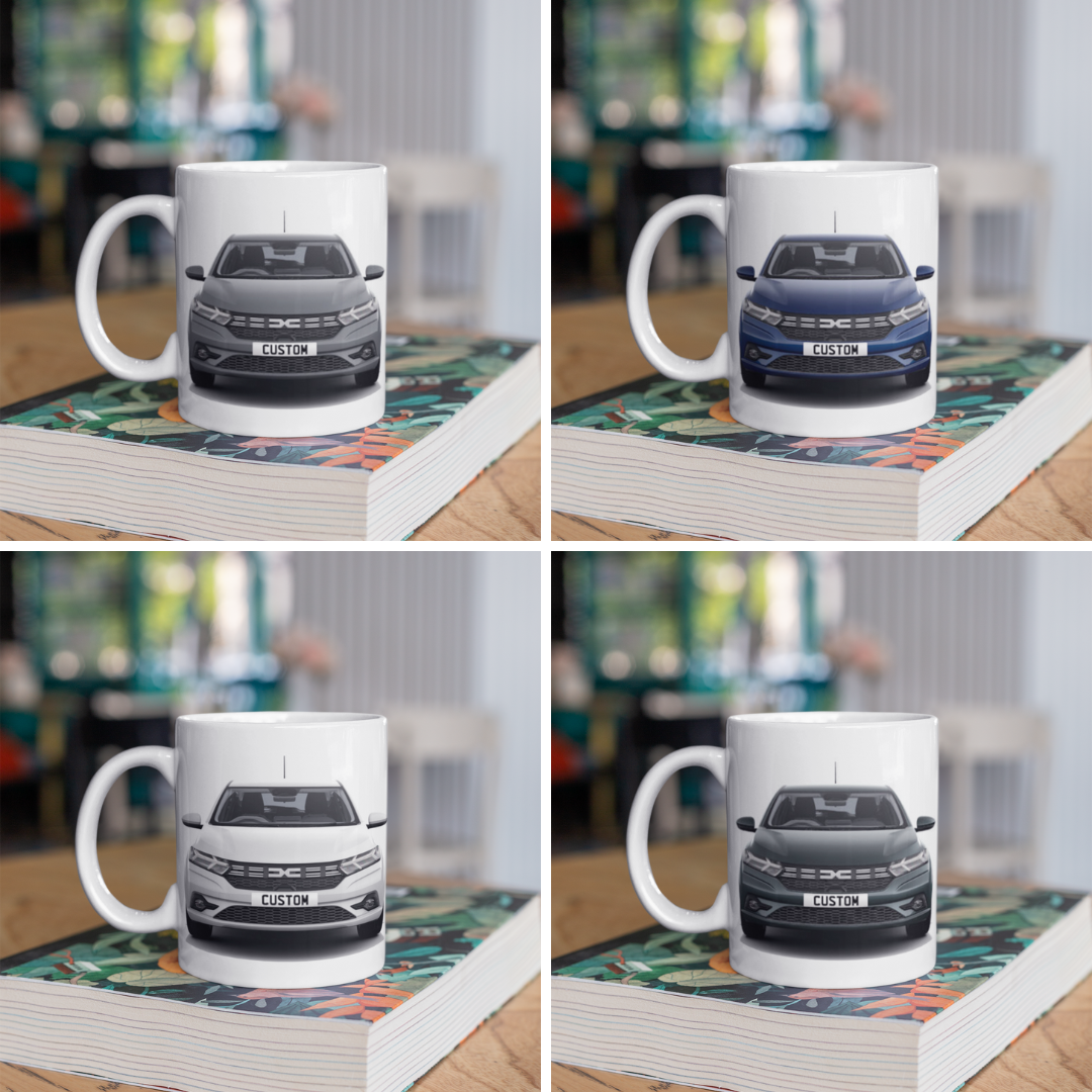 Personalised Dacia Sandero Expression Mug with custom number plate, white ceramic 11oz gift.