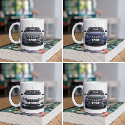 Personalised Dacia Sandero Expression Mug with custom number plate, white ceramic 11oz gift.