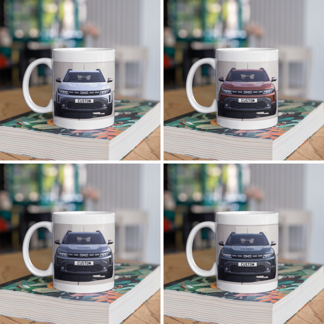 Personalised Dacia Duster Extreme Mug with custom number plate, white ceramic 11oz gift.