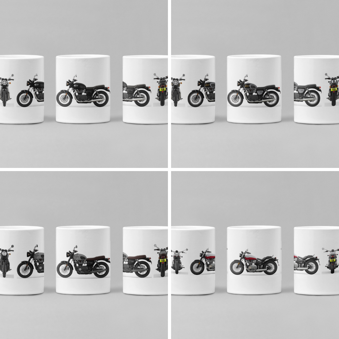Personalised Triumph Bonneville Motorcycle Mug with custom number plate, white ceramic 11oz gift.