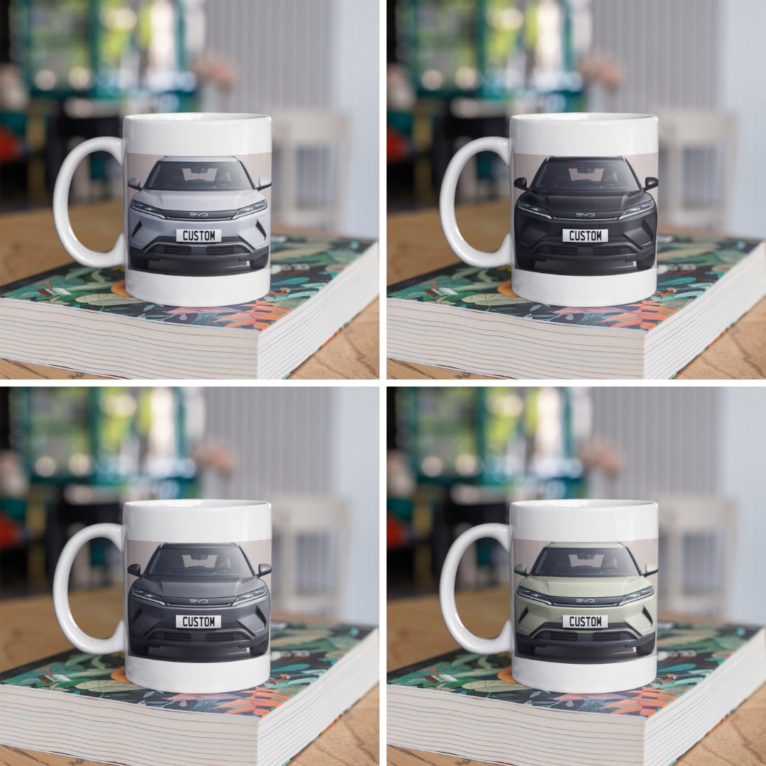 Personalised BYD Atto 2 Mug with custom number plate, white ceramic 11oz gift.