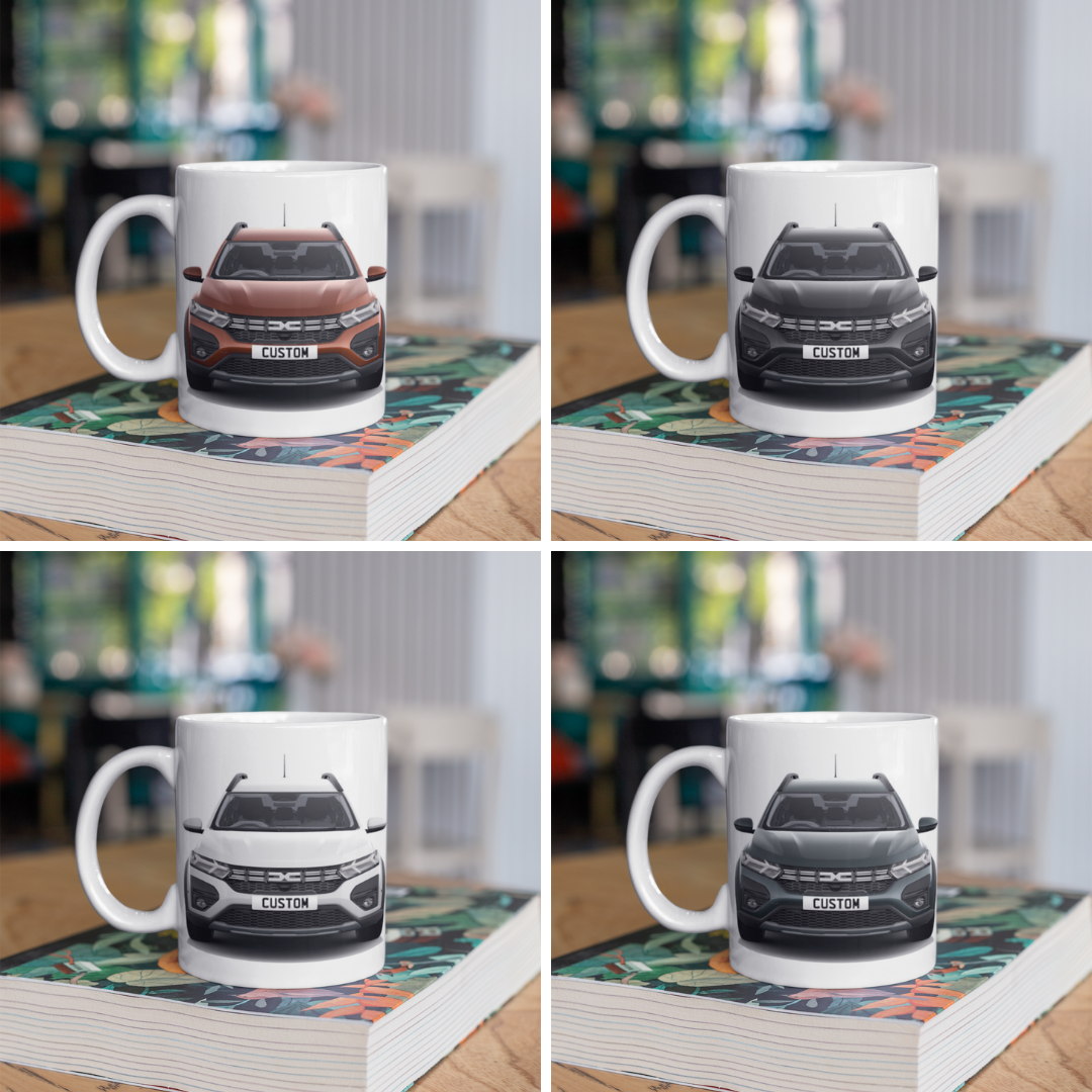 Personalised Dacia Jogger Expression Mug with custom number plate, white ceramic 11oz gift.