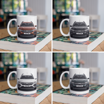 Personalised Dacia Jogger Expression Mug with custom number plate, white ceramic 11oz gift.