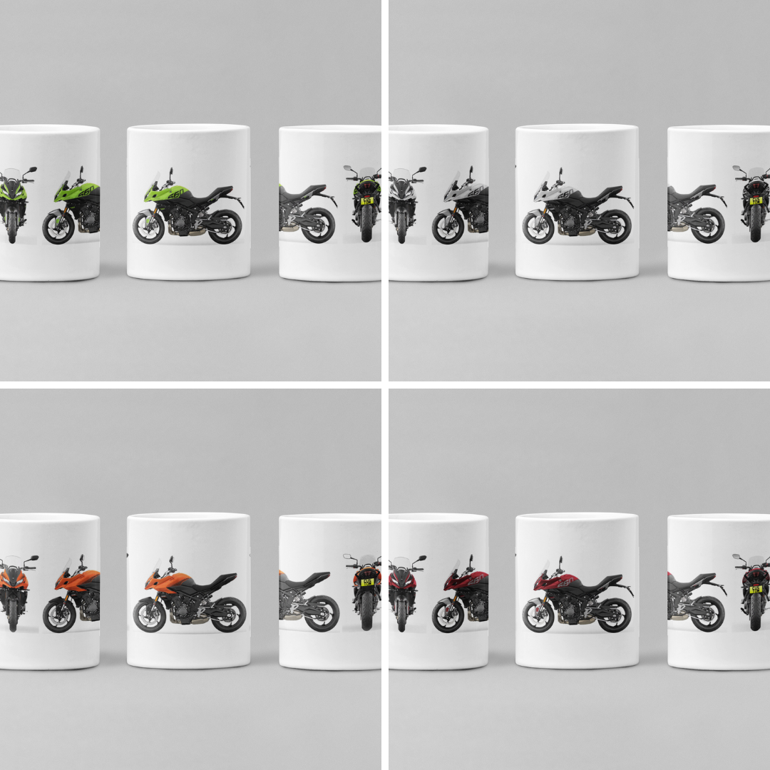 Personalised Triumph Tiger Sport Motorcycle Mug with custom number plate, white ceramic 11oz gift.