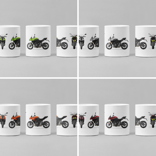 Personalised Triumph Tiger Sport Motorcycle Mug with custom number plate, white ceramic 11oz gift.
