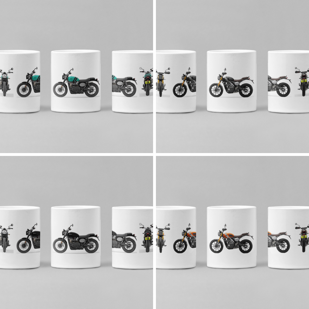 Personalised Triumph Scrambler Motorcycle Mug with custom number plate, white ceramic 11oz gift.