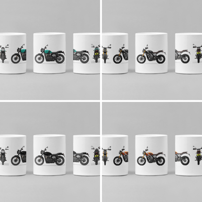 Personalised Triumph Scrambler Motorcycle Mug with custom number plate, white ceramic 11oz gift.