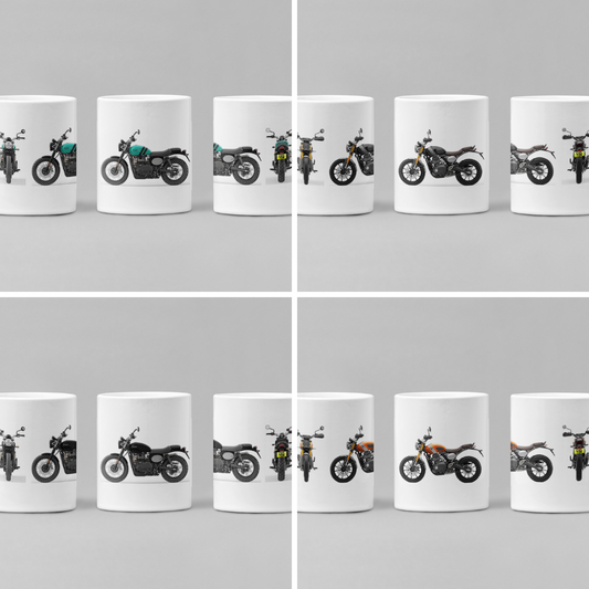 Personalised Triumph Scrambler Motorcycle Mug with custom number plate, white ceramic 11oz gift.