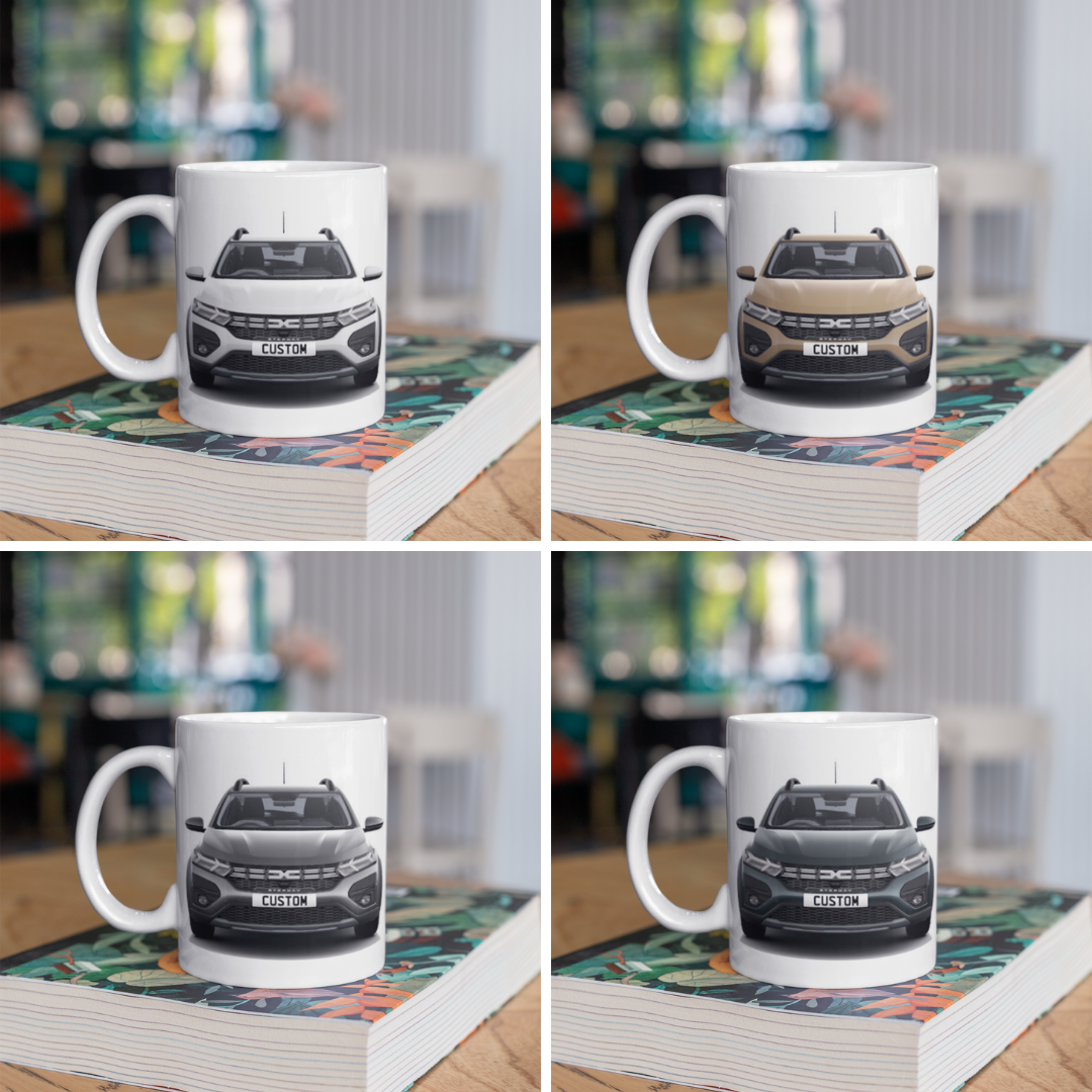 Personalised Dacia Sandero Stepway Expression Mug with custom number plate, white ceramic 11oz gift.