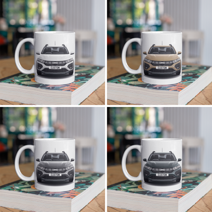 Personalised Dacia Sandero Stepway Expression Mug with custom number plate, white ceramic 11oz gift.