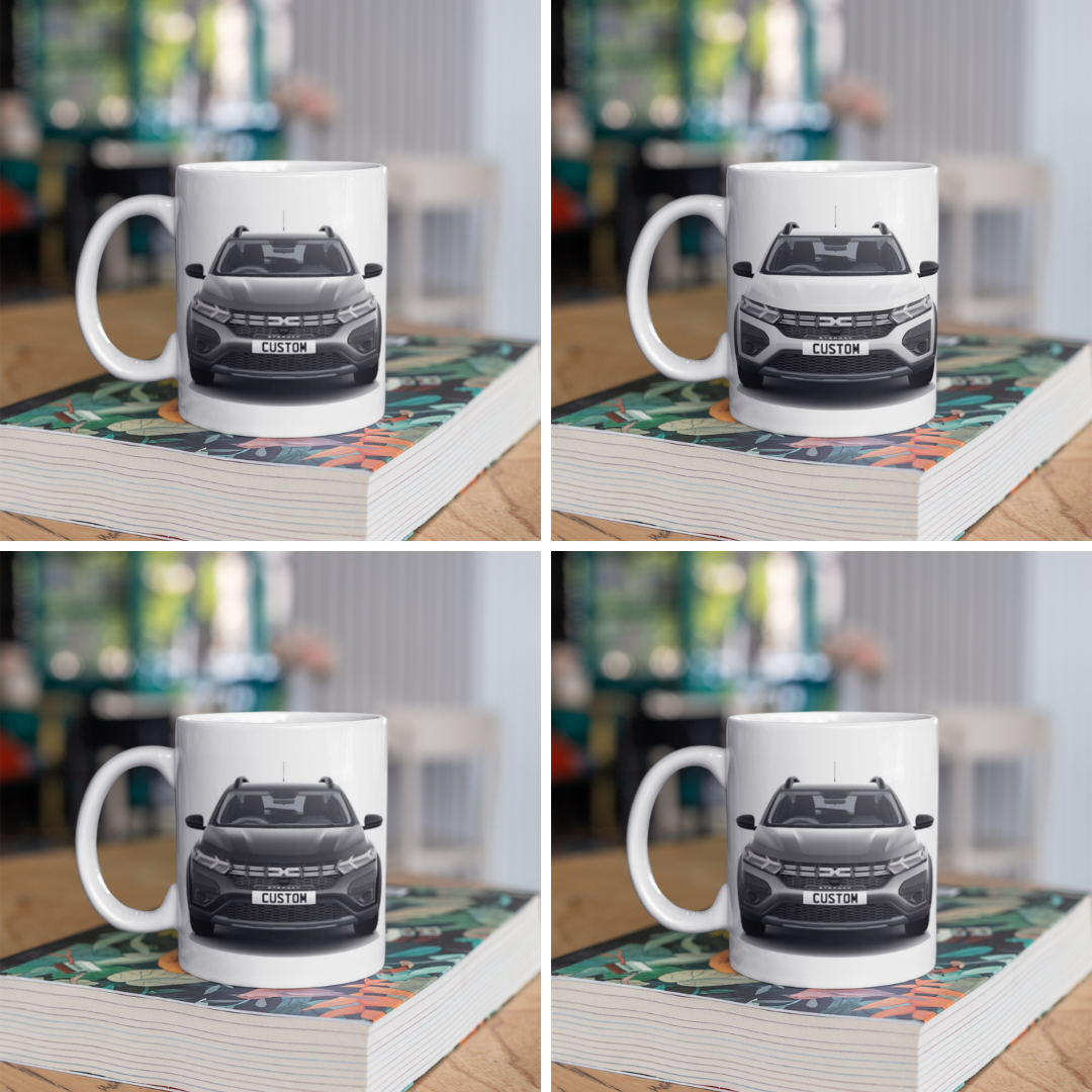 Personalised Dacia Sandero Stepway Essential Mug with custom number plate, white ceramic 11oz gift.