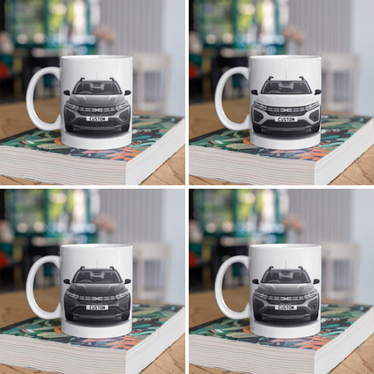Personalised Dacia Sandero Stepway Essential Mug with custom number plate, white ceramic 11oz gift.