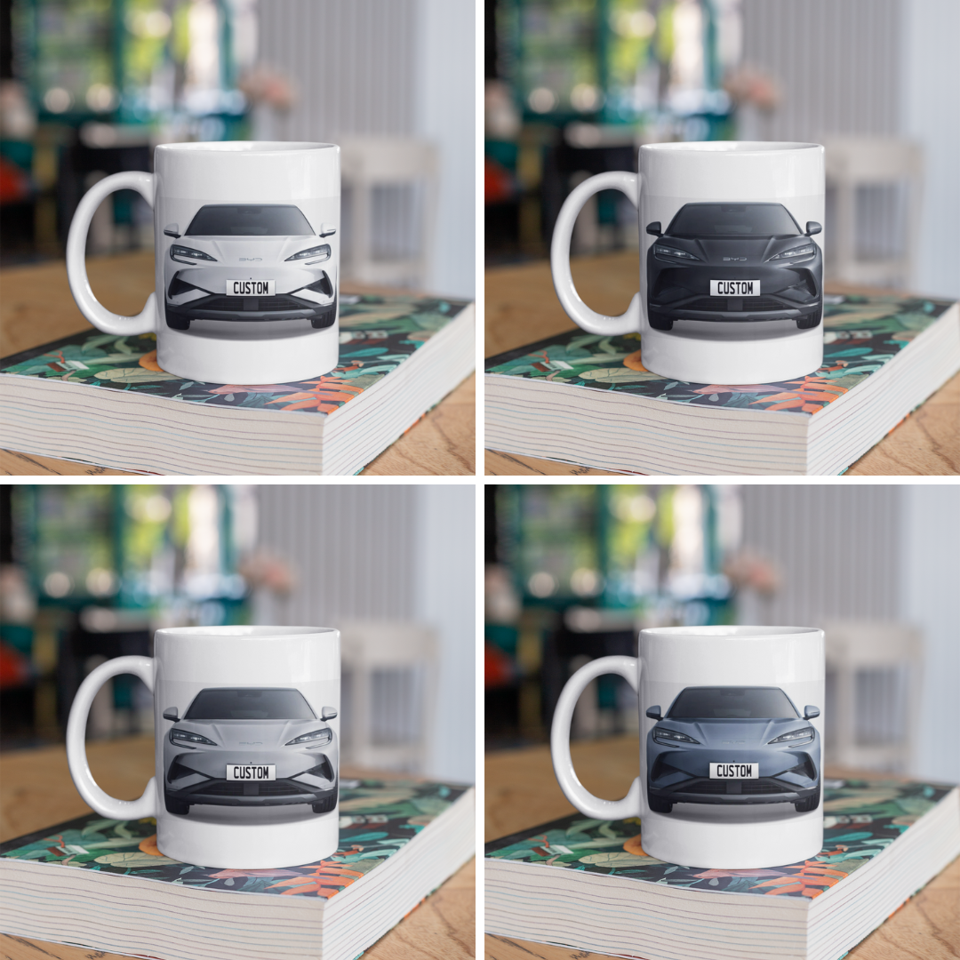 Personalised BYD Sealion 7 Mug with custom number plate, white ceramic 11oz gift.