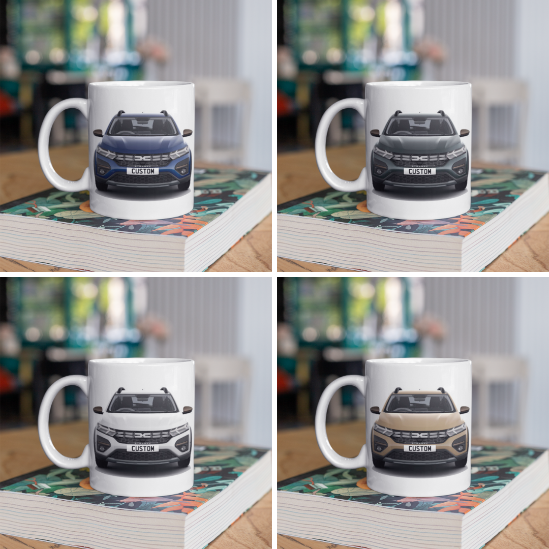 Personalised Dacia Sandero Stepway Extreme Mug with custom number plate, white ceramic 11oz gift.