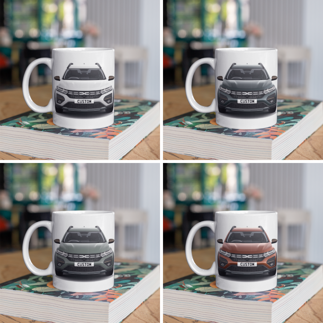 Personalised Dacia Jogger Extreme Mug with custom number plate, white ceramic 11oz gift.
