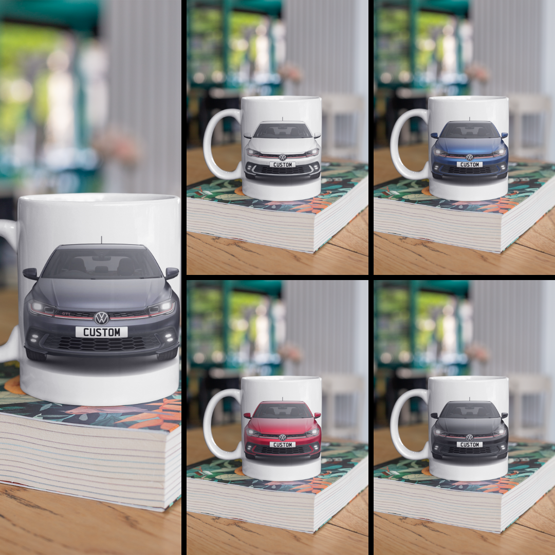 Personalised Volkswagen Polo GTI Mug with custom number plate, white ceramic 11oz gift.