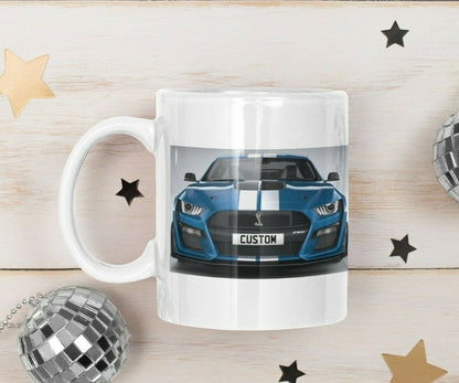 Personalised Shelby Mustang GT500 Mug with custom number plate, white ceramic 11oz gift.